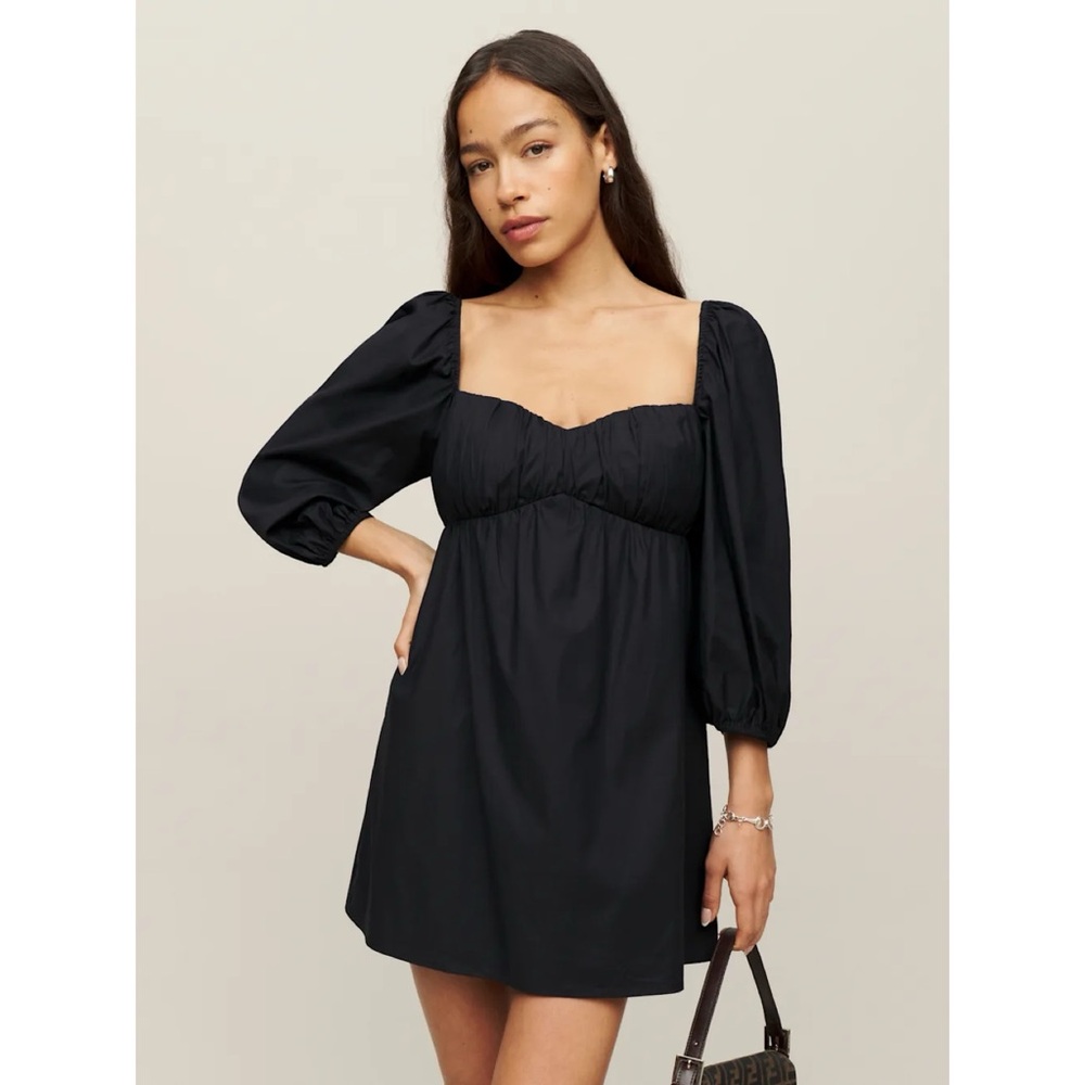 Reformation Farley Puff Sleeve Sweetheart Cotton Babydoll Mini Dress Black Sz 8